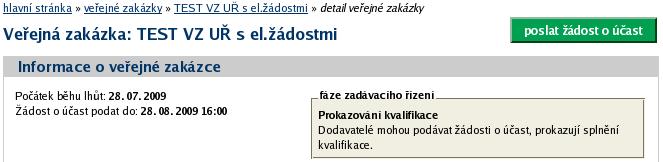 Pokud je tato možnost dostupná, pak na detailu příslušného zadávacího řízení se přihlášenému dodavateli zobrazí tlačítko poslat nabídku, resp. poslat žádost o účast, vizte obrázky 44 a 45.