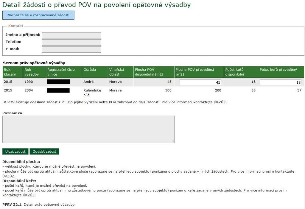 Obrázek 9 Detail žádosti převodu POV na povolení Do kontaktních údajů jsou automaticky předplňovány kontaktní údaje žadatele. Tyto údaje lze ke konkrétním žádostem měnit.