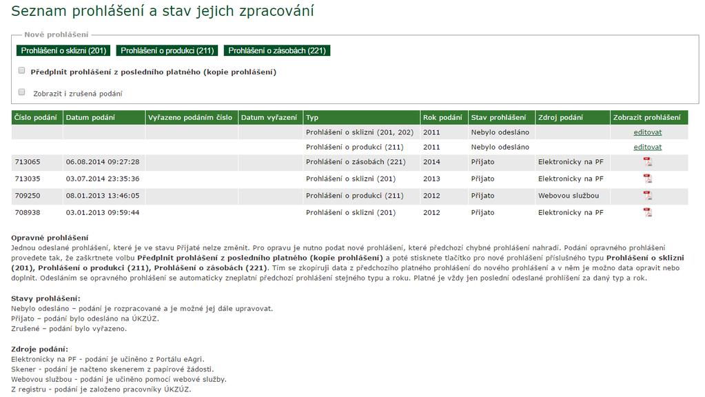 Obrázek 12 Seznam prohlášení podaných elektronicky 3.1.1 Stavy elektronických podání prohlášení Prohlášení podaná prostřednictvím Portálu farmáře nabývají následujících stavů: Nebylo odesláno podání je rozpracované a je možné jej dále upravovat.