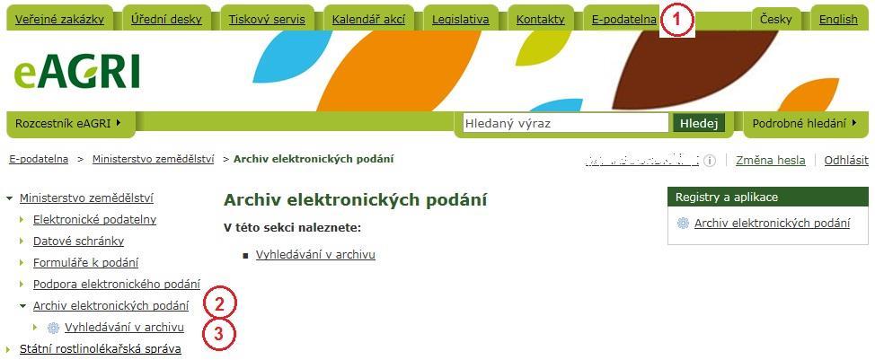 4.5 Archiv elektronických podání Nově je na portálu eagri přístupný archiv elektronicky podaných podání (prohlášení, žádosti, oznámená atd.