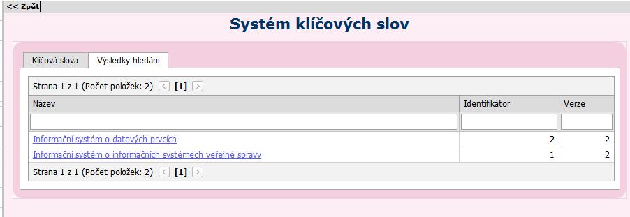 Obrázek 10 Systém klíčových slov zadání klíčových slov Označením zaškrtávacího políčka u klíčového slova se vybraná klíčová slova zobrazí v oblasti pro vyhledávání.