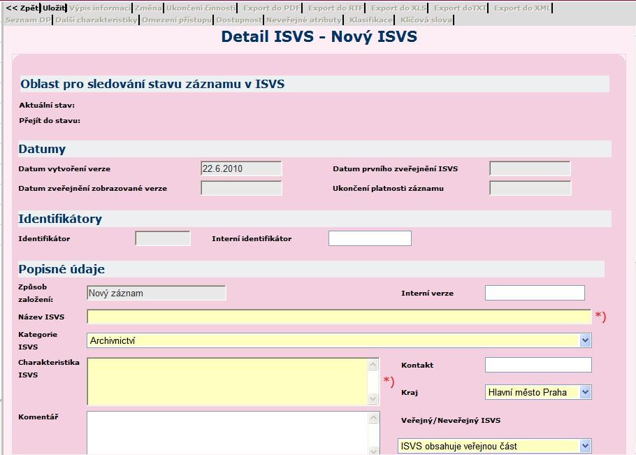 Obrázek 39 Detail ISVS Nový záznam Obrazovka Detail