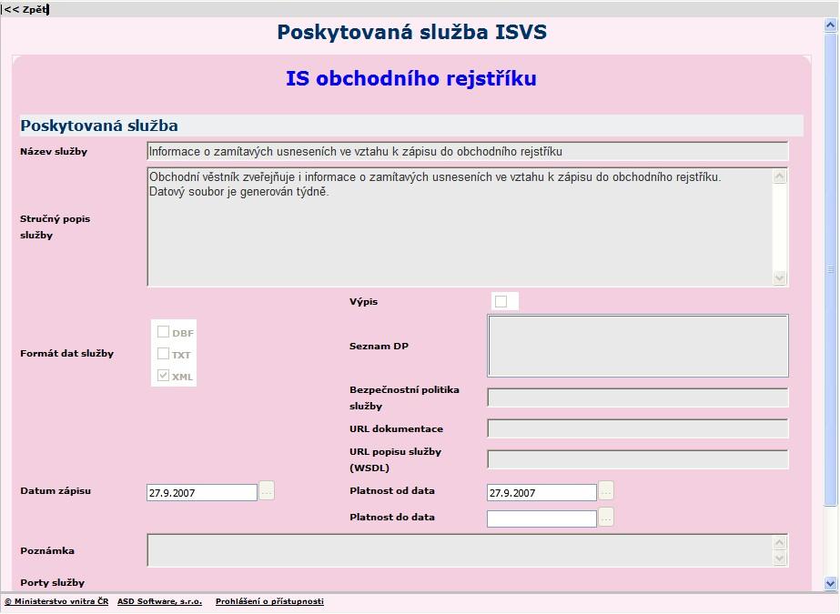 Vlastní připojení využívané služby proběhle po kliku na název služby.