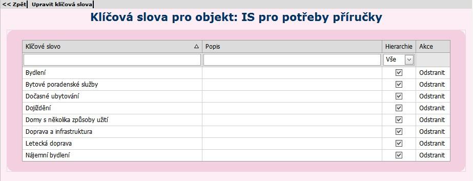 Obrázek 98 Záložka Klíčová slova přiřazená klíčová slova z klasifikace Stiskem volby Upravit klíčová slova se zobrazí seznam klíčových