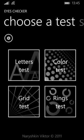 Windows Phone Eyes Checker Free Aplikace obsahuje čtyři testy, na obrázku 13 jde vidět úvodní menu.