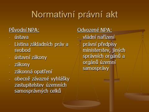 V návaznosti na způsob vydávání, jeho prvotnost nebo odkaz na další právní předpis, rozdělujeme normativní právní akty na původní normativní právní akty: - Ústava ČR, ústavní zákony Listina