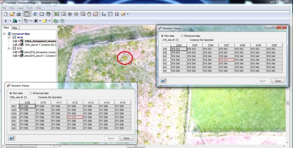 6.3 Analýza růstového vývoje porostu Na základě digitálního modelu povrchu, vytvořeného z leteckých snímků, lze snadno monitorovat vývoj v růstu například lesní školky.