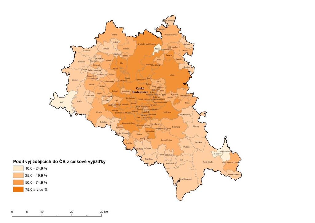 Obrázek 1: Dojížďkové zázemí Českých Budějovic