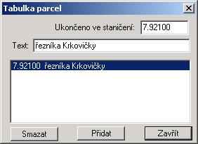 3.3.5 Tabulka parcel Tento dialog (vyvolání viz kapitola 0 Menu Zobrazení) zobrazuje a edituje seznam parcel, kterými tok na své trase prochází. Způsob ovládání je totožný s ovládáním tabulky území.