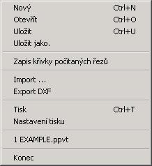 3.1 Hlavní nabídka programu 3.1.1 Nabídka Projekt Umožňuje uživateli přístup k funkcím na zprávu souboru projektu, dále k funkcím tiskovým a funkcím exportu a importu.