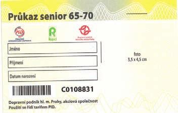 Senioři od 65 do 70 let + Praha: Senioři od 65 do 70 let + mohou na všech linkách na území Prahy jezdit za 0 Kč, pokud prokážou nárok na slevu Průkazem PID Senior 65-70 v ceně 20 Kč Elektronickou