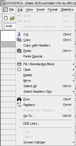 Menu Edit Opakování nebo rušení příkazů Práce se schránkou (kopírovat, vložit, vyjmout, hlavičky proměných, vložit jinak)