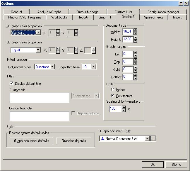 Nastavení programu Statistica X (Grafy II) Proporce os 2D a 3D grafu Defaultní polynom regrese a základ logaritmu pro logaritmické osy Defaultní nadpis a