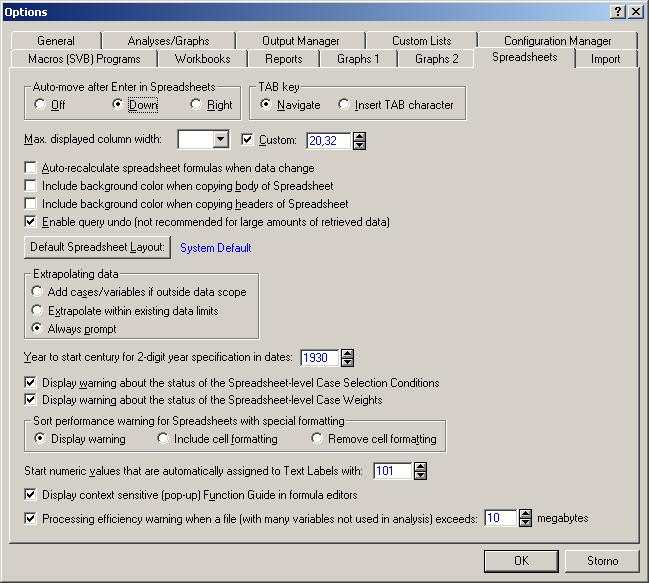 Nastavení programu Statistica XI (Spreadsheets) Význam kláves Enter a Tab v tabulce Maximální šířka sloupce Automatické přepočty vzorců po změně dat, vkládání pozadí dat a hlaviček, umožnění undo