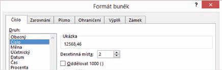 Obrázek 2.15: Ukázka počtu zobrazených desetinných míst 2.5.2 Formát měny Nastavíte-li pro danou buňku formát měny, zobrazí Excel automaticky číslo na dvě desetinná místa, použije oddělování tisíců a k hodnotě připojí symbol měny (tedy Kč,, $ atd.