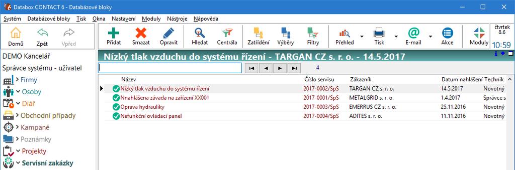 10. Servisní zakázky Servisní zakázka by měla mít vazbu na stroj a zákazníka.