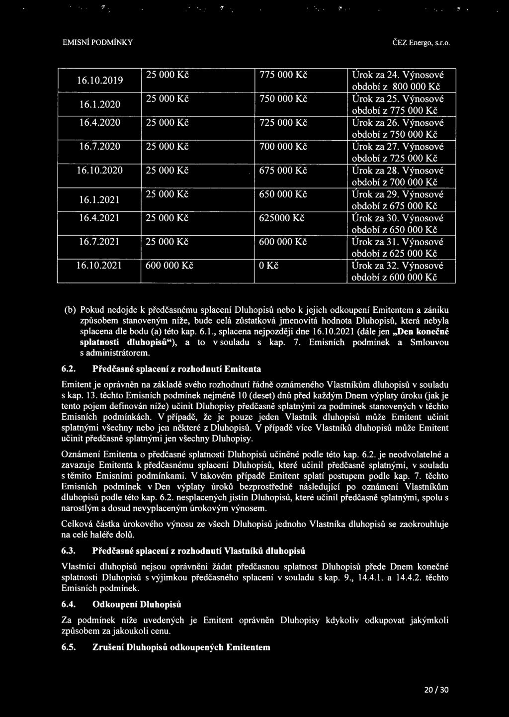 Výnosové období z 675 000 Kč 16.4.2021 25000 Kč 625000 Kč Urok za 30. Výnosové období z 650 000 Kč 16.7.2021 25000 Kč 600000 Kč Urok za 31. Výnosové období z 625 000 Kč 16.10.