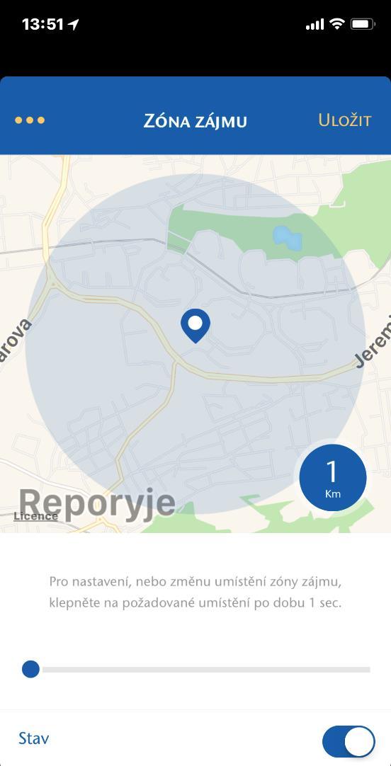 ZÓNA ZÁJMU V této části aplikace si můžete nastavit tzv. ZÓNU ZÁJMU. Pokud ji vozidlo opustí, budete upozorněni zprávou (alertem) na Vaše mobilní zařízení.