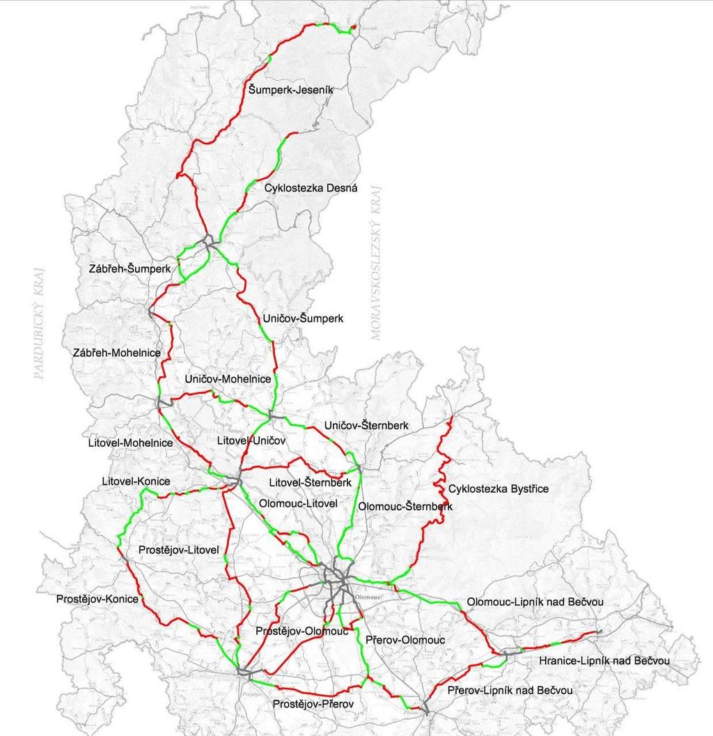 Mapa 2 - Mapa Ol. kraje s vyznačenými koridory Krajských cyklistických komunikací, textově viz kap. 6 Příloha, Zdroj: RARSM Opatření 1.