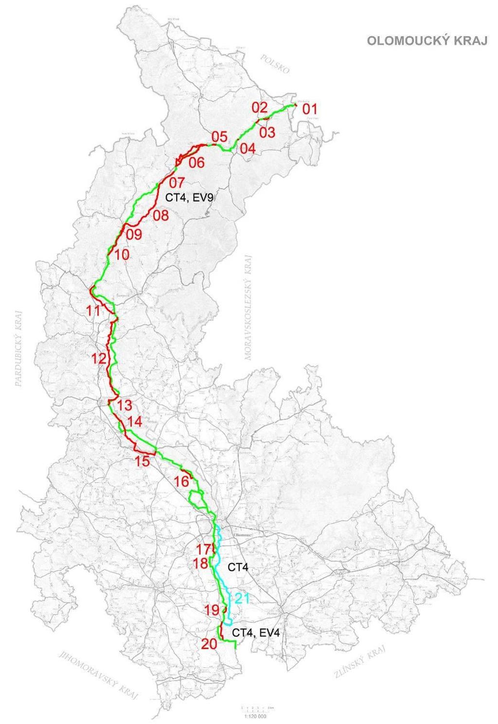 Mapa 3 - Návrh úprav Moravské stezky, zeleně - aktuální trasa, červeně - návrh na