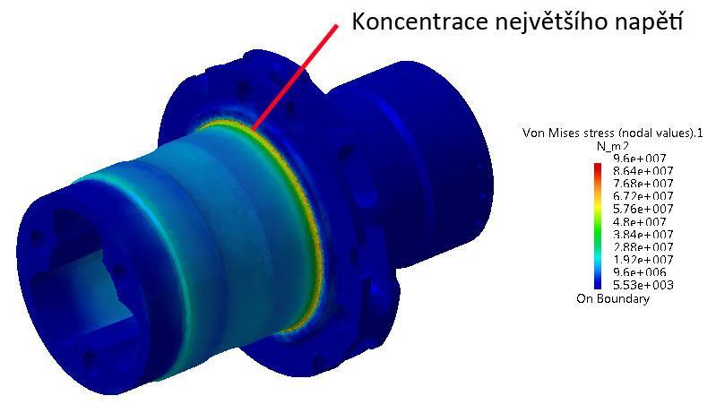 jsem vytvořil kontaktní virtuální součást(červená plocha na obrázku), která znázorňuje dosedací plochu ložiska, na kterou jsem