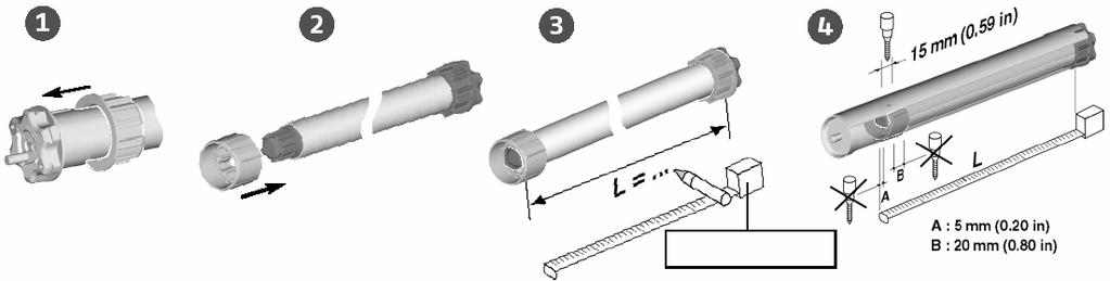 3.3 Hotové hřídele nasuňte na pohon vhodný adaptér podle použité hřídele nasaďte na výstupní hřídel pohonu vhodný unašeč podle použité hřídele odměřte nebo zjistěte z tabulky uvedené výše rozměr L1 v