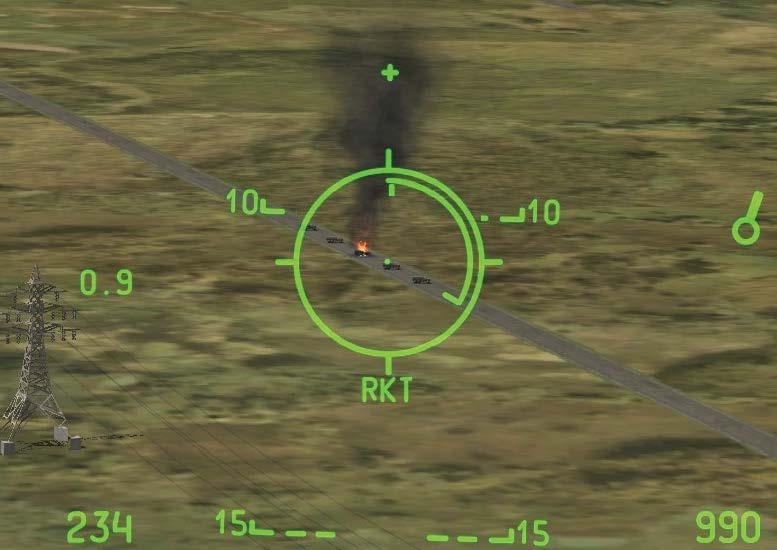 Režim CCIP Vybraný blok s neřízenými raketami Režim zobrazení DSMS Letoun připravíte ke střelbě již dříve uvedeným způsobem. Pro použití neřízených raket není potřeba označit (uzamknout) cíl.