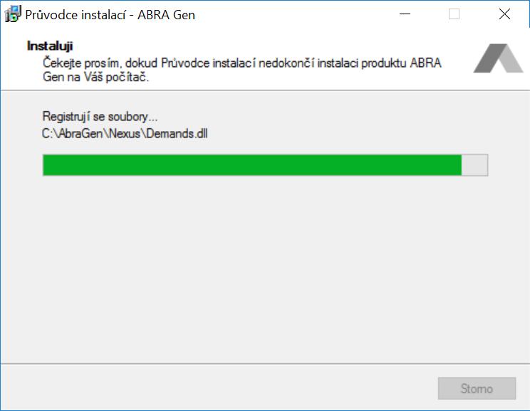 instalace ABRA Gen, přičemž se zobrazuje průběh instalace: