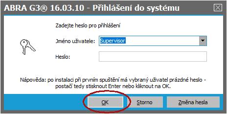 Poté se již zobrazí přihlašovací dialog do s výběrem uživatele: Vyberte uživatel Supervisor a přihlašte se do systému.