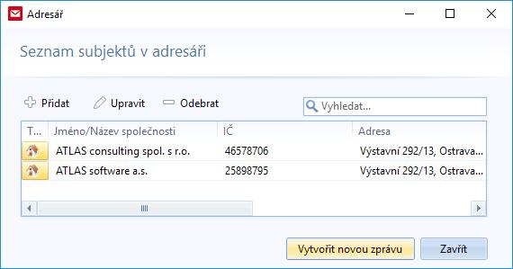 3.2 Adresář subjektů Adresář subjektů naleznete v hlavní nástrojové liště, záložce Datové schránky, pod tlačítkem Adresář.