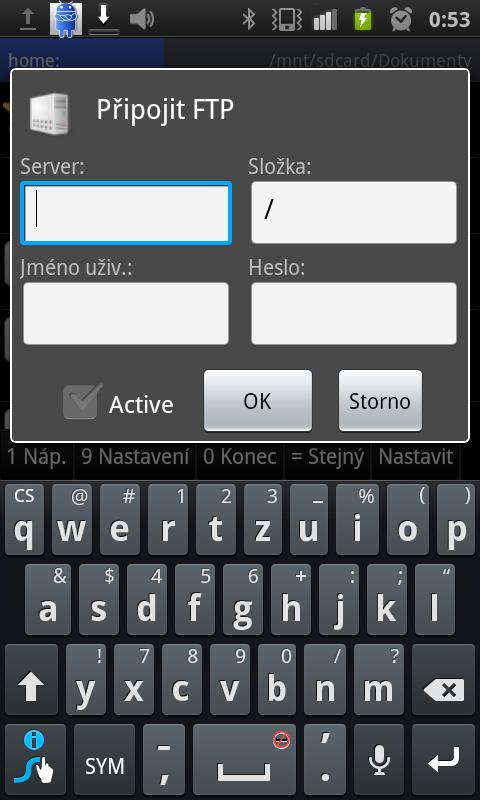 Obrázek 5.1 formulář pro ftp připojení Závěr 2. krok vyplním formulář NE Popisek složka: není jednoznačný. Tlačítko Active také není jednoznačné - co je vlastně aktivní po jeho zaškrtnutí? 3.