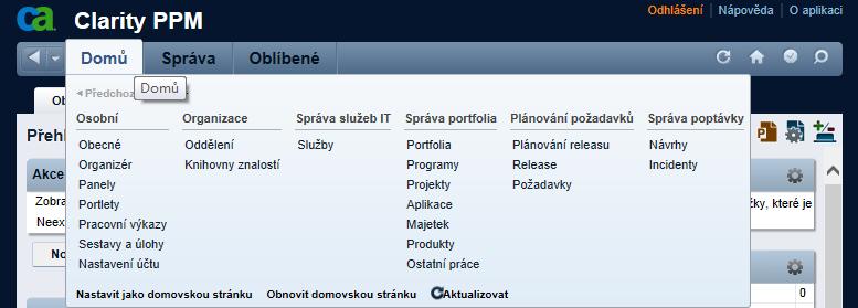 Kapitola 2: Začínáme Tato sekce obsahuje následující témata: Nabídka Domů (strana 15) Nastavit jako domovskou stránku (strana 16) Zobrazit informace o vás (strana 16) Nabídka Domů Nabídka Domů