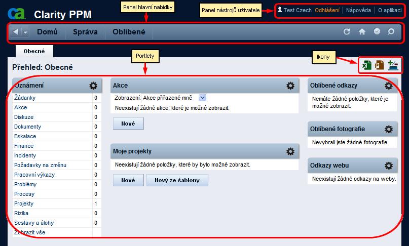 Kapitola 1: Úvod k Základní uživatelské příručce Tato sekce obsahuje následující témata: Stručná prohlídka aplikace CA Clarity PPM (strana 9) Stručná prohlídka aplikace CA Clarity PPM Tato příručka
