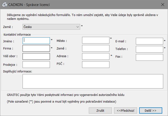 3. V tomto dalším okně vyplňte všechny nezbytné informace potřebné pro vytvoření licence a stiskněte Další.