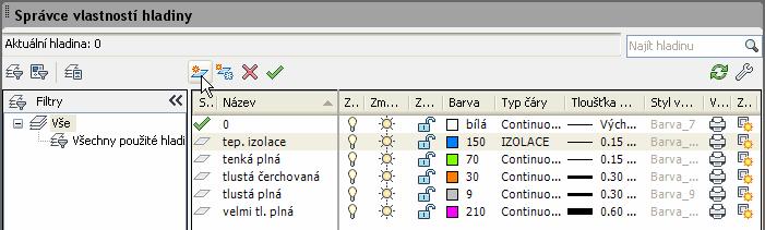 Vlastnosti hladiny Nová hladina název, vybrat barvu, nastavit typ a tloušťku čáry (tenká 0,15; tlustá 0,30; velmi tlustá 0,60) Žárovka zapnutí/vypnutí hladiny (je vidět/není