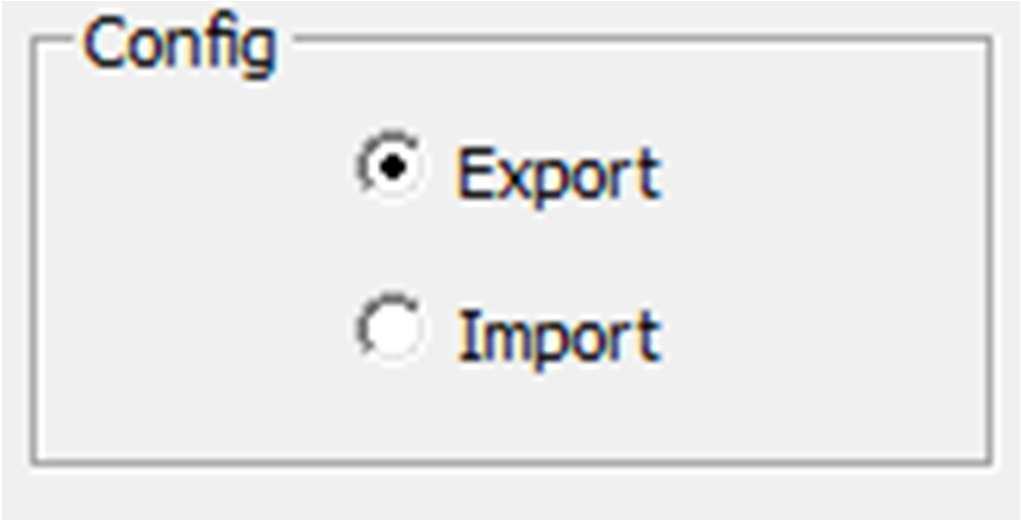 Uvedený soubor lze pomocí aplikační funkce Config volané v menu položce File exportovat do textových souborů vytvořených v pracovním adresáři CONFIGPAR.TXT a CONFIGWGT.
