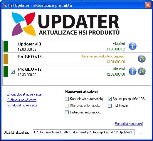 4. Automatické aktualizace - Updater Updater je samostatný program, který je nainstalován spolu s produktem HSI (lze ho však nainstalovat i samostatně na počítač bez produktu HSI).