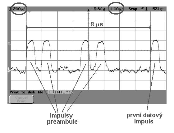 Obr. 3.9 Osciloskopický záznam pulsů preambule signálu ADS-B. Ad 3.6) Obr. 3.10 Osciloskopický záznam pulsů počátku informační zprávy ADS-B.