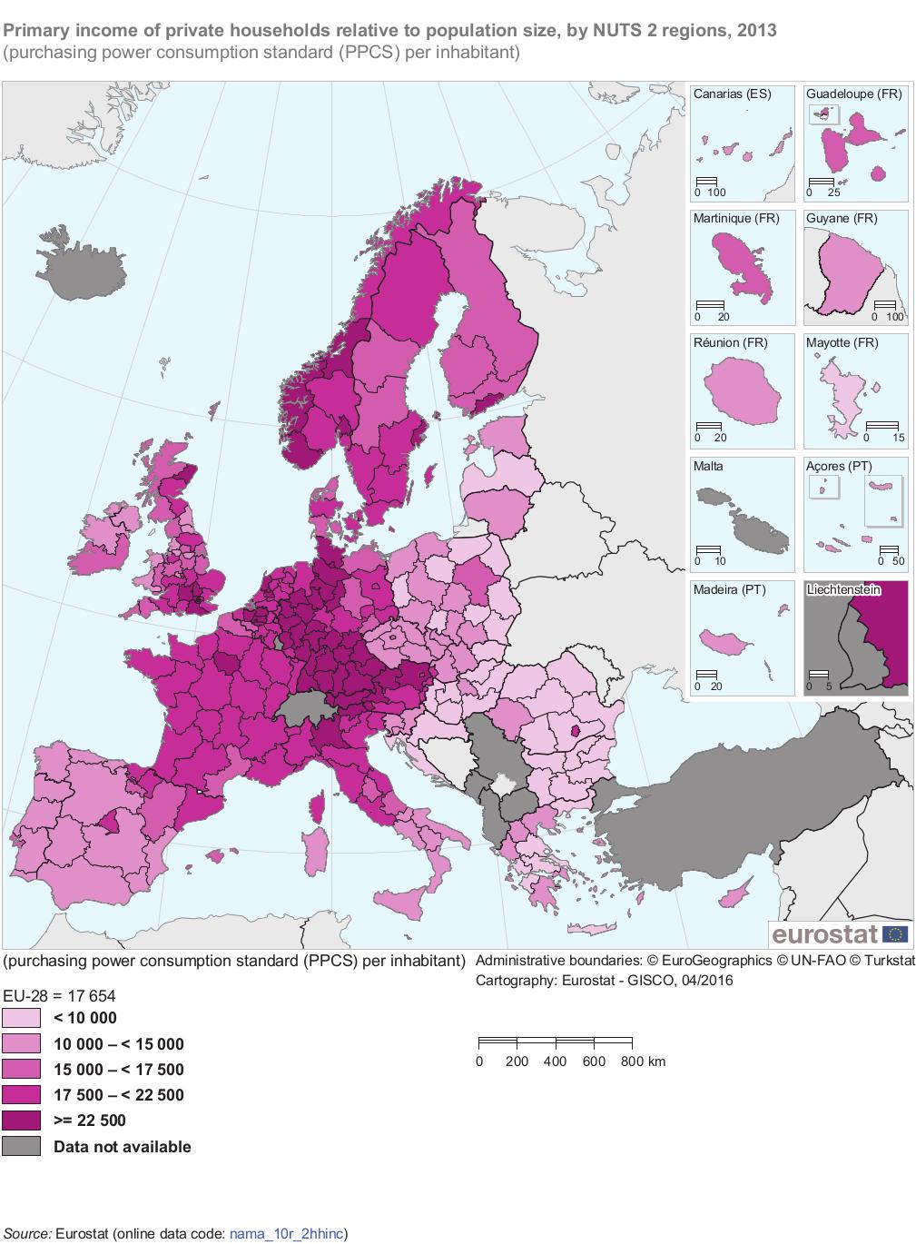 Mapa 4: Prvotní důchody soukromých domácností v poměru k počtu obyvatel, podle regionů NUTS 2, 2013(standard