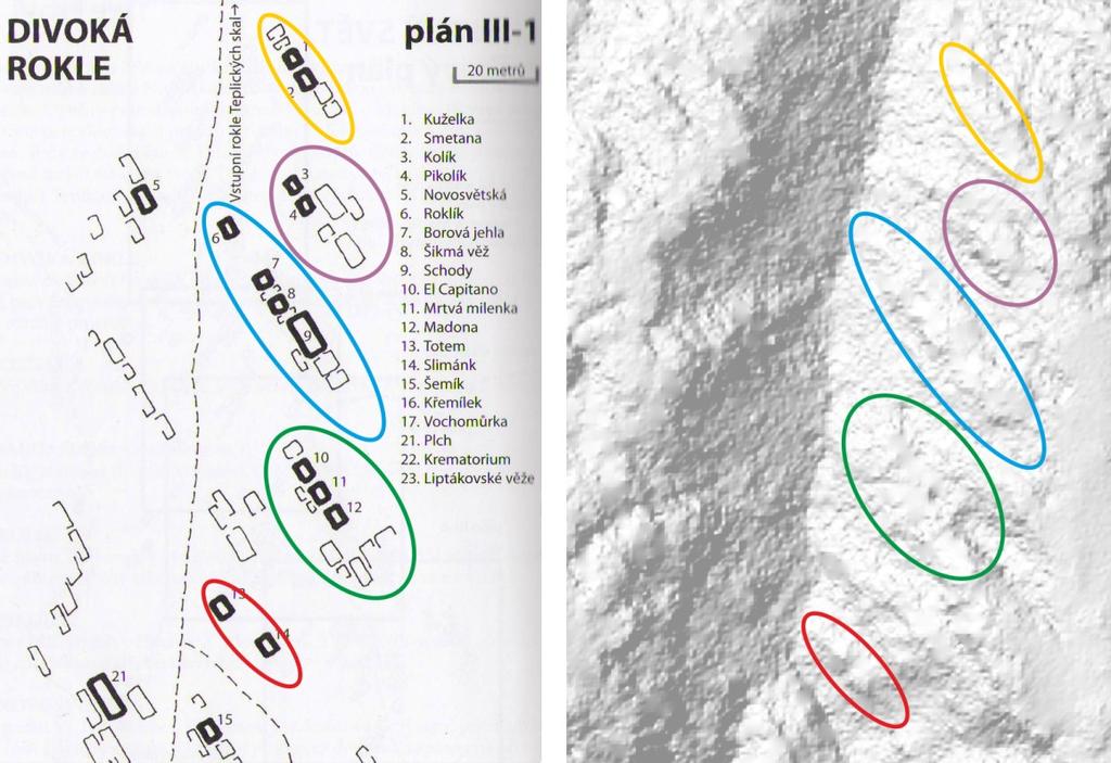 obr. č. 11 sektor Nový Svět, podoblast Divoká rokle vlevo náčrt půdorysu skal u horolezeckého průvodce (Houser & Lisák, 20