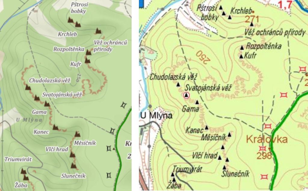 4.2.3.2 Mapy.cz, mapy Geodezie On Line Tyto veřejně dostupné mapové portály jsou vhodné pro doplnění souřadnic skal zejména v turistických oblastech. Portál Mapy.cz je poskytován společností Seznam.