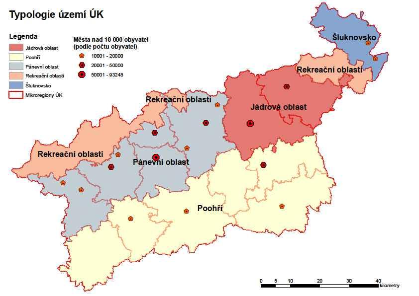Mapa 1: Typologie území ÚK upravená pro potřeby Strategie rozvoje ÚK do r. 2027 Zdroj: ESRI ARCMAP 10.