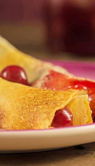 Sladko-kyslá kompilácia višňové palacinky 100 g ryžovej múky 50 g pšeničnej múky 20 ml citrónovej šťavy 1 200 ml vody 300 g zaváraných višní 10 g masla 10 g škrobového prášku 30 g práškového cukru