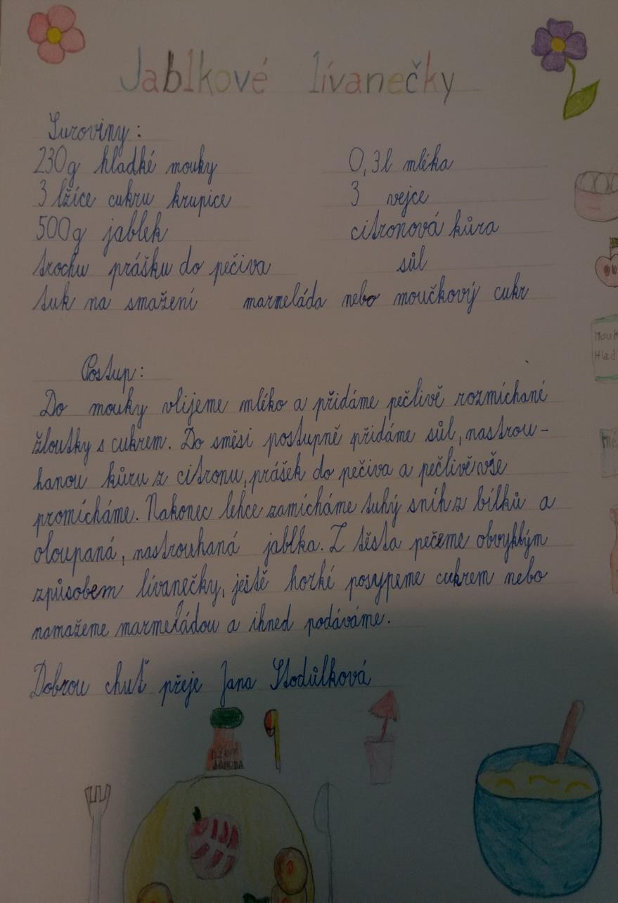 Krásně ozdobené recepty jsme pak odevzdali do nejpovolanějších rukou- do školní jídelny, kde naše milé paní kuchařky vybraly ty nejlepší.