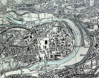 ^ topografická mapa z roku 1869 zaznamenává dosud neregulovaný tok řeky se