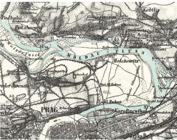 přeložení koryta Vltavy o několik set metrů na severozápad (kolem roku 1926).