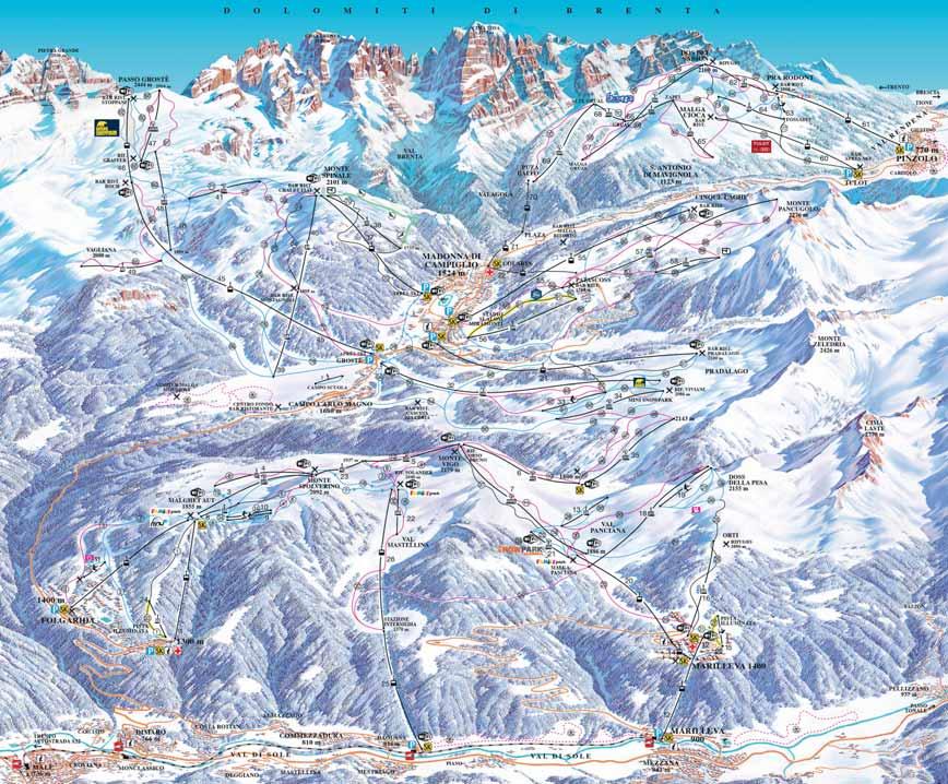 MADONNA DI CAMPIGLIO 2.504 m 991 m 1.513 m 7,5 21,4 29,5 km km km % % % 12 37 51 skinabídka komplexně 58,4 km Skirama Dolomiti str. 123 12 41 52 182 36 129 352 km Marilleva / Folgarida str.