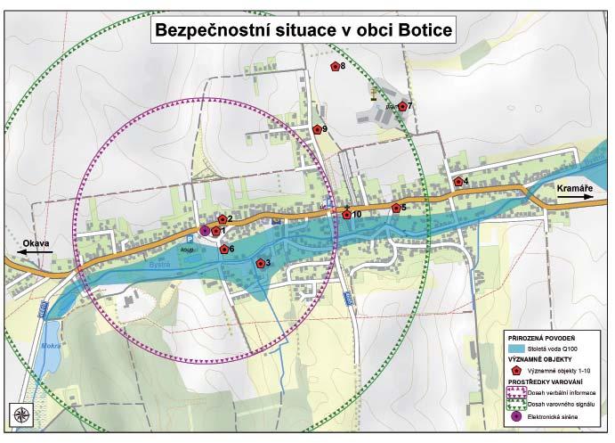 Příloha 3 Bezpečnostní situace v obci Botice - mapový podklad Legenda: [1] Obecní úřad obce Botice, [2] restaurace U Martinů, [3] základní a mateřská škola, [4]