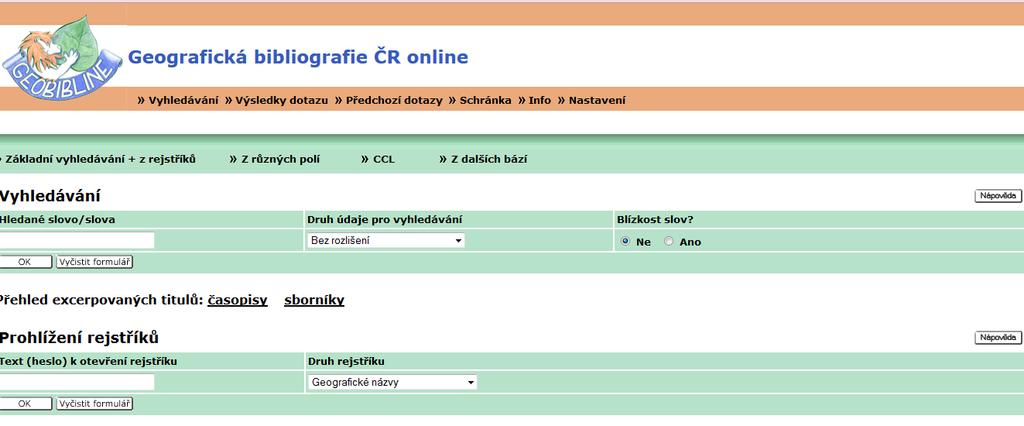 Práce s výsledky rešerše v GEOBIBLINE Horní oranžová lišta (stejná ve všech typech vyhledávání
