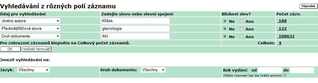 Kliknutím na číslo celkem v pravé části tabulky se dostaneme k podrobnému zobrazení výsledků (jako u základního